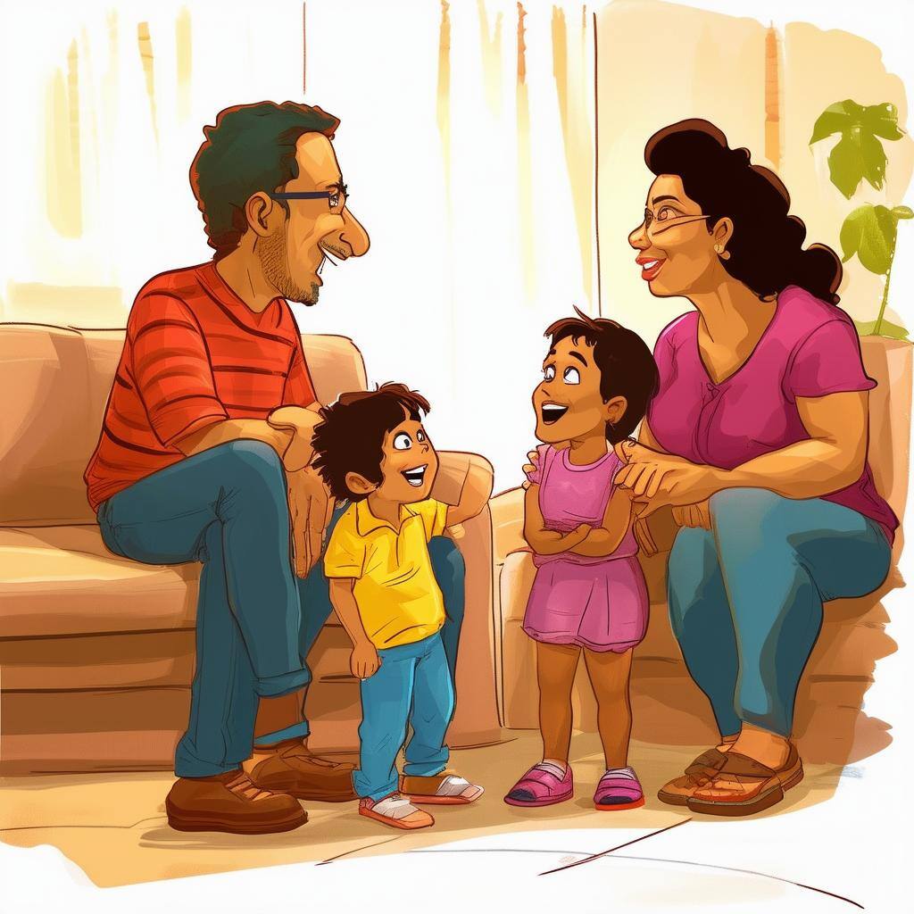 parents and children talking latino cartoon